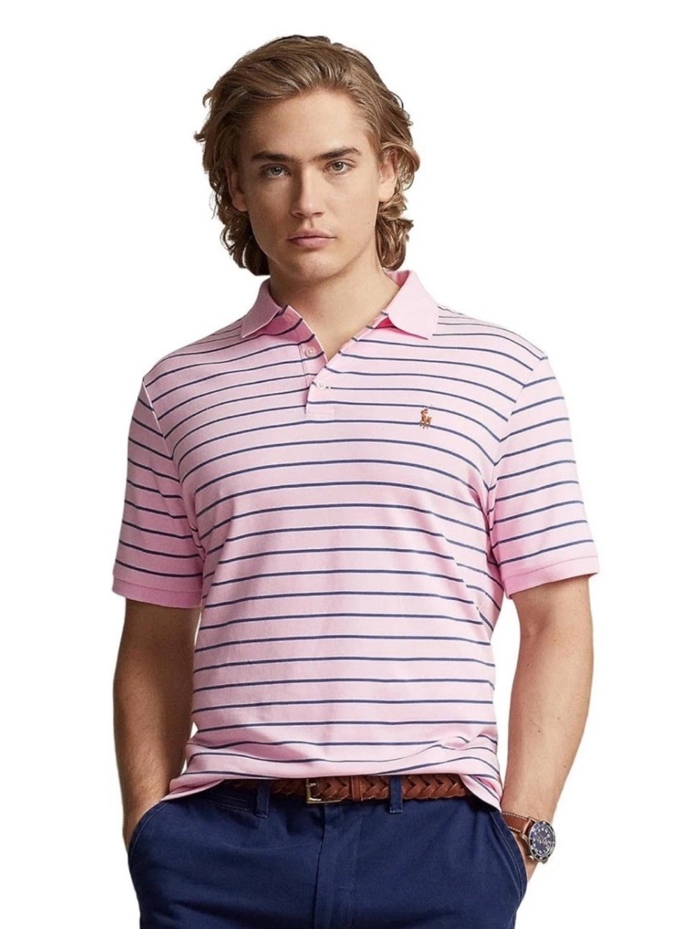Polo Ralph Lauren Men's Classic Fit Soft Cotton Polo Shirt Carmel Pink Navy L